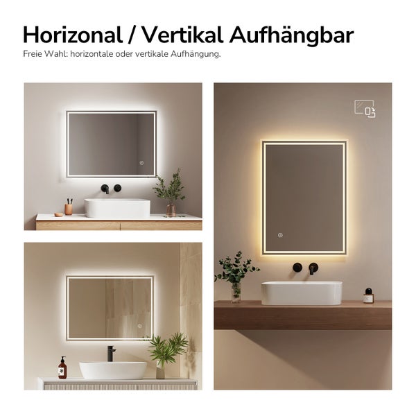 Badezimmerspiegel mit LED-Beleuchtung, horizontal oder vertikal aufhängbar, rechteckig mit Leuchtrahmen und Touch-Sensor.