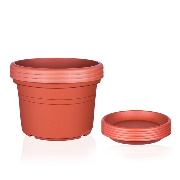 W 3x Blumentopf Ø 25 cm Farbe Terrakotta & Untersetzer Kunststoff Pflanztopf Containertopf Übertopf Pflanzkübel rund 25 x 18 cm Blumentöpfe