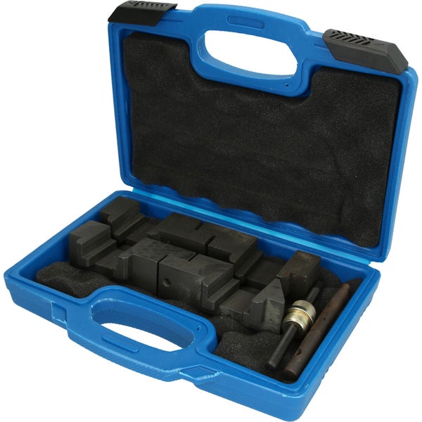 Werkzeugsatz zur Nockenwellenarretierung in blauem Werkzeugkoffer