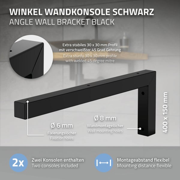 ML-Design 2er Set Wandkonsole Winkel L-Form für Waschtisch, 400x150 mm Schwarz Stahl, Design Waschtischhalterung, Wandhalterung für Waschtischplatte Waschbecken, Konsolenträger Regalträger Regalhalter
