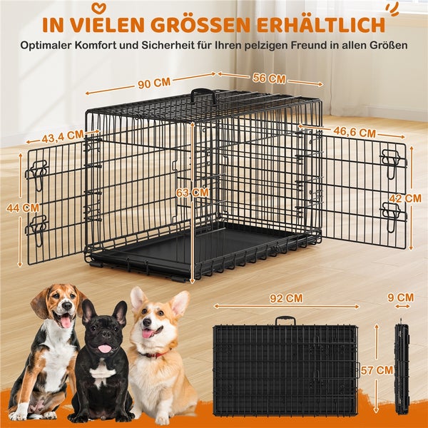 Abbildung einer schwarzen Hundetransportbox mit Abmessungen, zusammengeklappter Zustand und drei Hunden