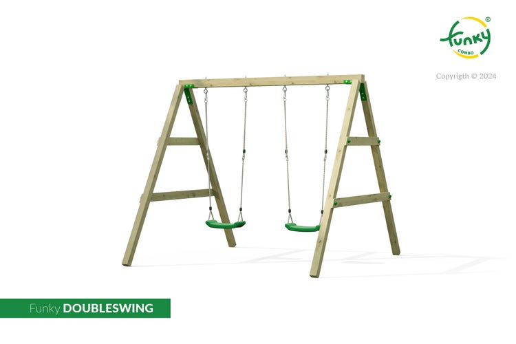 Doppelschaukel Funky Combo aus Holz mit zwei grünen Schaukelsitzen und Seilaufhängung für den Garten.