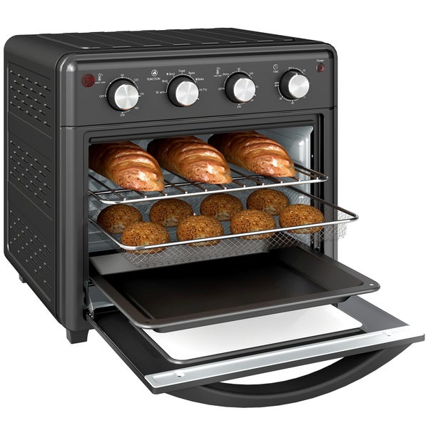 HOMCOM Minibackofen mit Umluft 30L Mini Ofen mit Backblech, Grillrost und Krümelblech, 90 °C-230 °C Heißluftfritteuse mit 7 Modi, Frittierkorb, 60 Min. Timer, 1600W, Metall