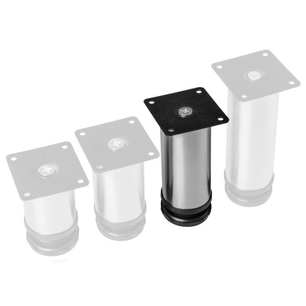 Zylindrischer, höhenverstellbarer Möbelfuß aus Metall mit quadratischer Anschraubplatte.