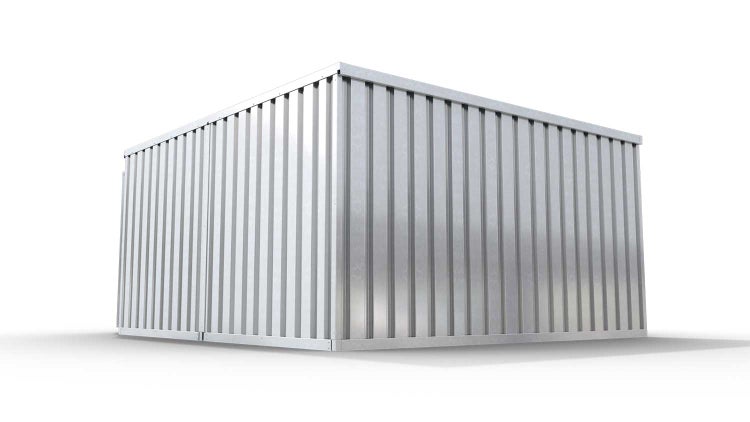 Lagercontainer Gerätehaus M2  – 12 qm, H2150 x B3050 x T4340 mm, verzinkt, mit Holzfußboden, 1270 mm Einflügeltür mittig in Breitseite, zerlegt