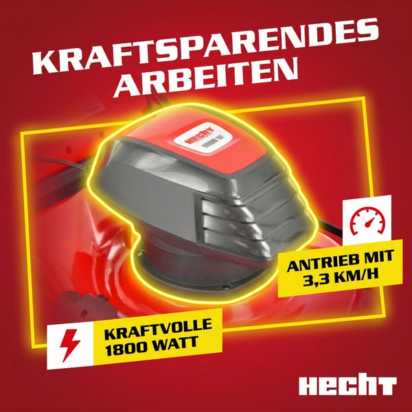 Hecht Elektromäher Motorabdeckung mit 1800 Watt Leistung und Radantrieb mit 3,3 Kilometer pro Stunde Geschwindigkeit. Hecht Logo.