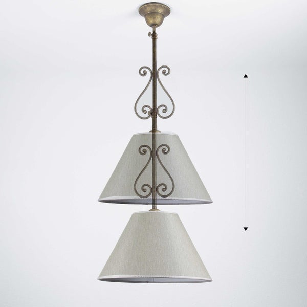 Hängelampe mit zwei Stoffschirmen und Höhenangabe