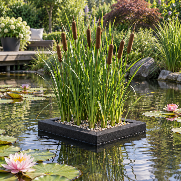 Schwimminsel mit Rohrkolben in einem Gartenteich mit Seerosen im Hintergrund.