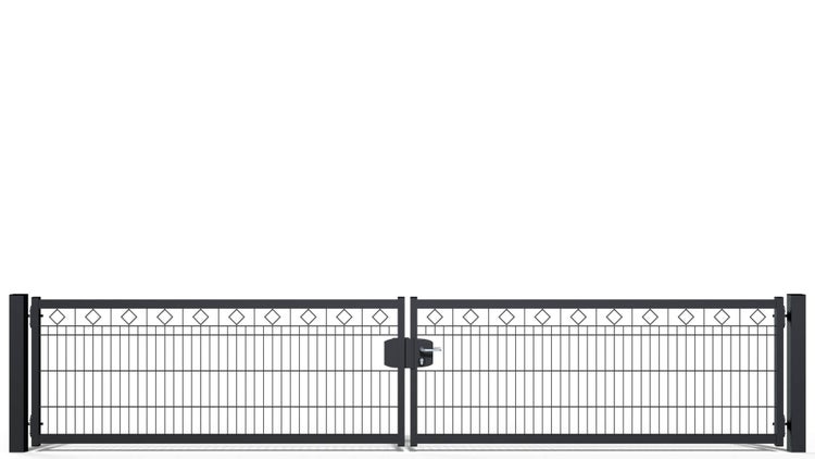 Gartentor ZAUNGURU BASIC-Line Berlin Raute aus Metall, Höhe: 83cm, Breite: 441cm, 2-flügelig inkl. Pfosten, Schloss und Zubehör, Feuerverzinkt und in RAL 7016 Anthrazitgrau pulverbeschichtet