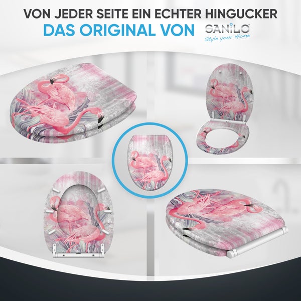 Sanilo WC Sitz mit Flamingo Motiv und Holzkern in verschiedenen Ansichten dargestellt.