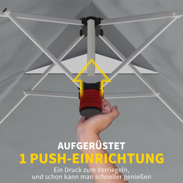 Zentralverriegelung für Faltpavillon, einfacher Aufbau durch Ein-Druck-Mechanismus.