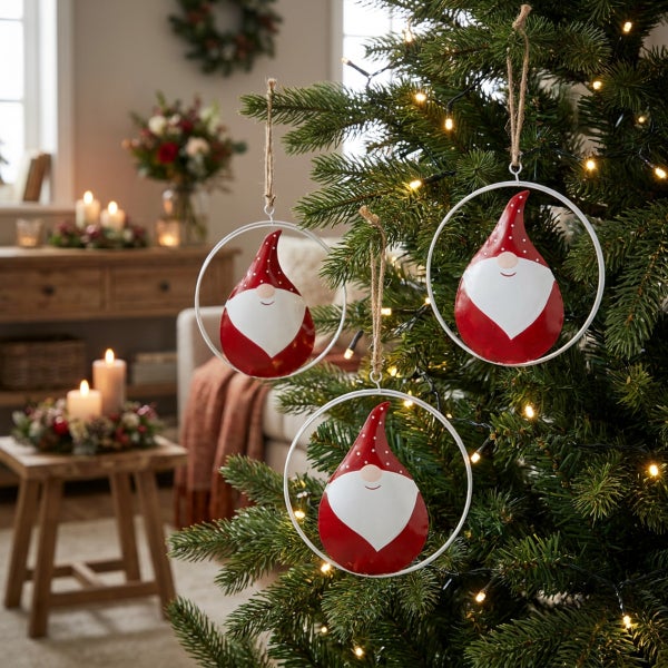 Drei Metall Wichtel Anhänger in einem Metallring als Weihnachtsbaumschmuck in einem weihnachtlich dekorierten Wohnzimmer.