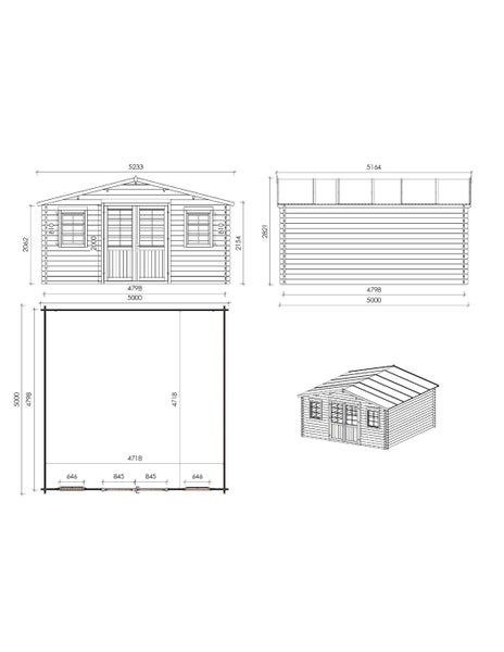Maßzeichnung eines Gartenhauses mit Vorderansicht, Seitenansicht, Grundriss und 3D-Darstellung inklusive detaillierter Abmessungen.