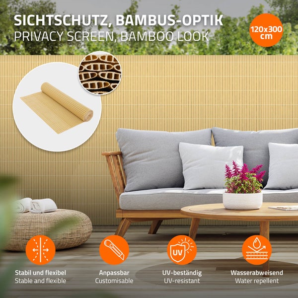 ECD Germany PVC Sichtschutzmatte 120x300 cm, Bambus, Sichtschutzzaun 3-Gewicht-Verstärkung, UV-beständig, Wasserdicht, Windschutz Balkonverkleidung Zaunblende Sichtschutz für Garten Balkon Terrasse