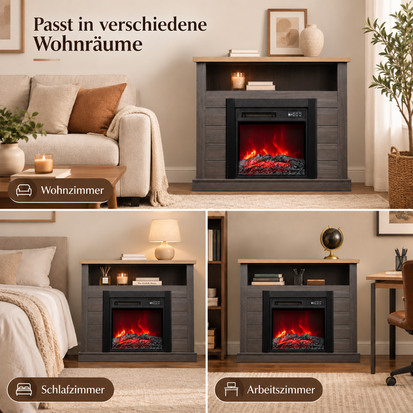 Elektrischer Kamin mit Holzoptik in Wohnzimmer, Schlafzimmer und Arbeitszimmer integriert für eine gemütliche Atmosphäre.