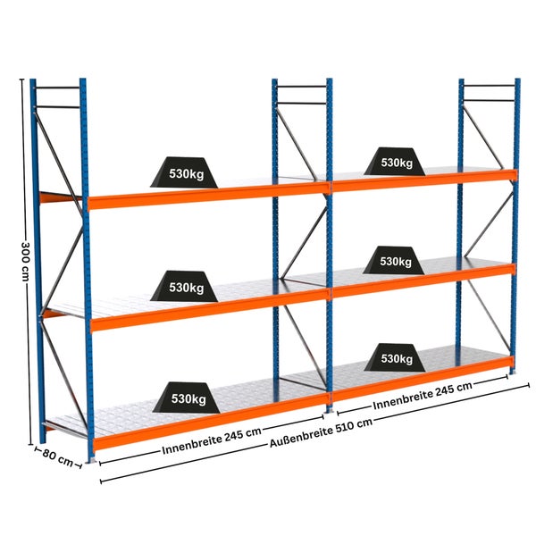 Lagerregal mit drei Ebenen und einer maximalen Traglast von 530 Kilogramm pro Ebene.