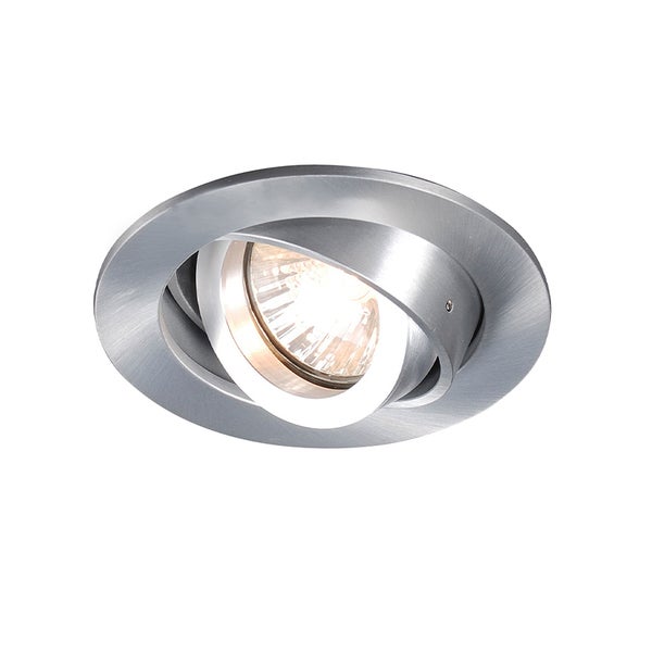 Schwenkbarer Einbaustrahler aus Metall in runder Form mit eingeschaltetem Leuchtmittel.