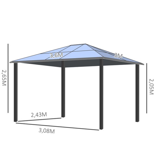 Outsunny Hardtop Gartenpavillon 3 x 3,6m, 4 x Doppel-Vorhänge, wetterfest, stabil, festes lichtdurchlässiges Dach, Dunkelgrau+Schwarz