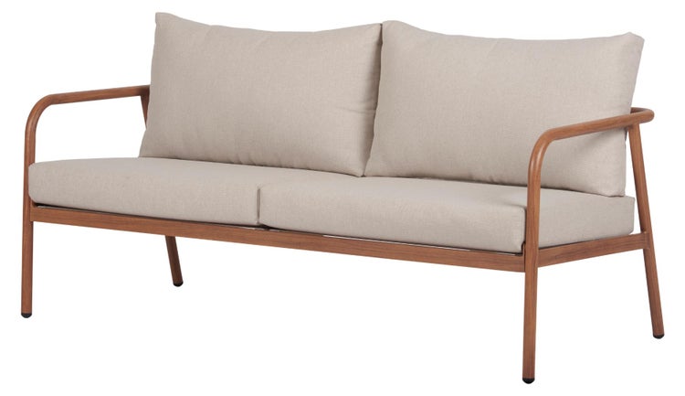 Zweisitzer Gartensofa mit Holzgestell und beigefarbenen Sitzkissen und Rückenkissen.