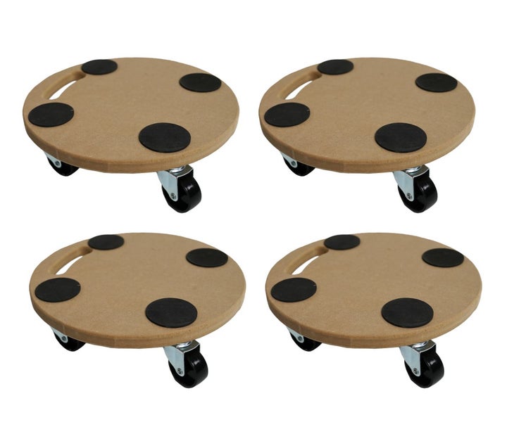 Set aus vier runden Pflanzenrollern aus MDF mit Tragegriff, vier Antirutsch-Pads und drei Lenkrollen.