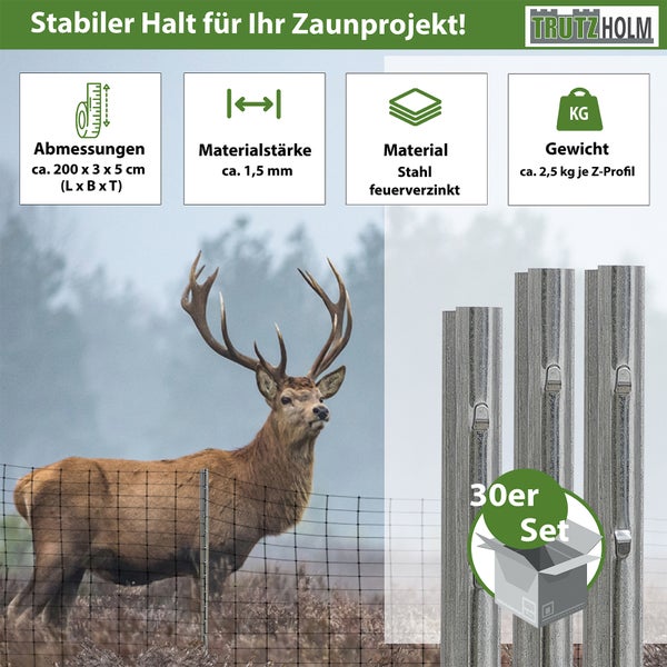 Set mit feuerverzinkten Zaunpfosten aus Stahl, 30 Stück, mit den Maßen circa 200 x 3 x 5 Zentimeter und einer Materialstärke von circa 1,5 Millimeter, Trutzholm Logo.