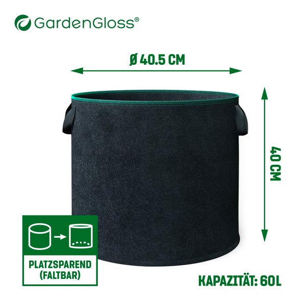 GardenGloss Pflanzsack (3 Stück) - 60L Pflanztasche aus Vliesstoff - Pflanzentasche für Kartoffeln, Tomaten und Erdbeeren - Farbe Schwarz - Verwendung im Innen- und Außenbereich