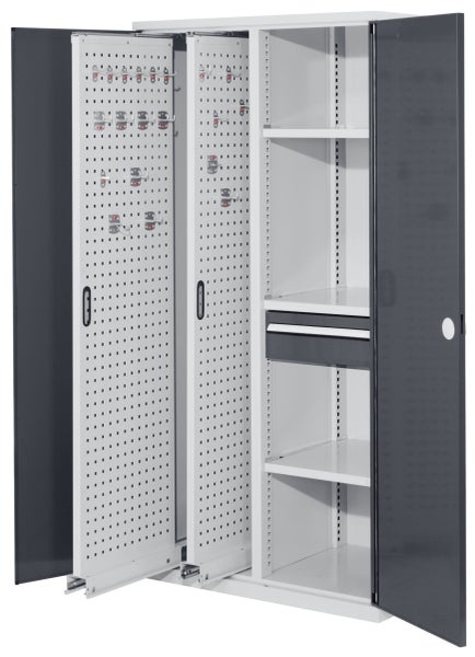 Werkstattschrank mit zwei Türen, Regalböden und Lochplatten