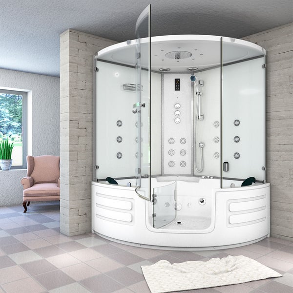 Moderne, helle Dusch-Badewannen-Kombination mit Whirlpool-Funktion, Glaskabine, Massagedüsen und Regendusche in einem geräumigen Badezimmer.