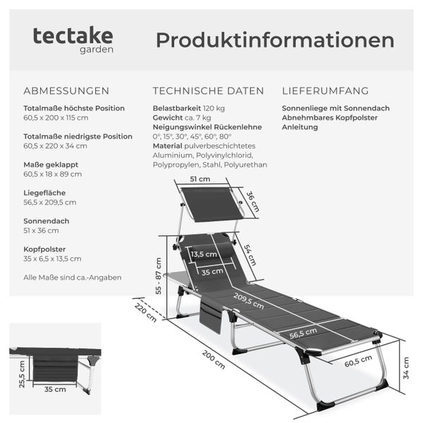 Sonnenliege tectake Lorella 220 x 60,5 x 34 cm, mit Seitentasche  gepolstert, klappbar grau