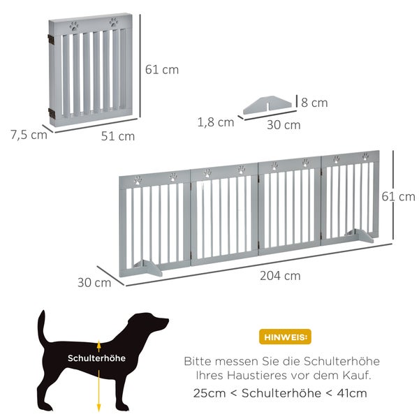 PawHut Absperrgitter Hund, Verstellbares Türschutzgitter mit 2 Stützfüßen, 204 x 61 cm Treppengitter aus Holz, Freistehend Hundegitter Schutzgitter für Flur, Treppe, 4 Paneelen, Hellgrau
