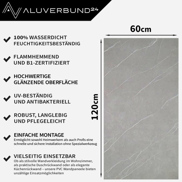 Aluverbund24 Logo. PVC-Wandpaneel mit Marmorstruktur, 60 mal 120 Zentimeter, wasserdicht, feuchtigkeitsbeständig, schwer entflammbar, B1-zertifiziert, glänzende Oberfläche, UV-beständig, antibakteriell, robust, langlebig, pflegeleicht und vielseitig einsetzbar.