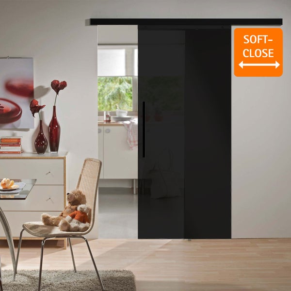 Tür Schiebetür Komplettset Glas schwarz satiniert 900x2035 Zimmertür Glasschiebetür Glastür -  Stabgriff-Softclose beidseitig