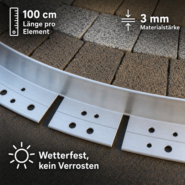 Biegsame Rasenkante aus Aluminium in 100 Zentimeter Länge und 3 Millimeter Materialstärke, wetterfest und korrosionsbeständig.