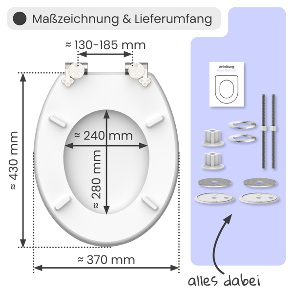 Maße und Lieferumfang eines WC-Sitzes mit zugehöriger Montageanleitung und Zubehör