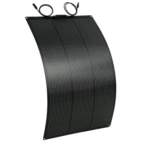 Flexibles Solarmodul mit Anschlusskabeln und Befestigungsösen für die Solarstromerzeugung.