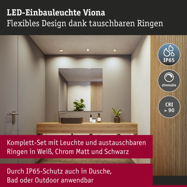 Modernes Bad mit LED-Einbauleuchten Viona, wassergeschützt nach IP65, dimmbar, hohe Farbwiedergabe über 90, Set mit austauschbaren Ringen.