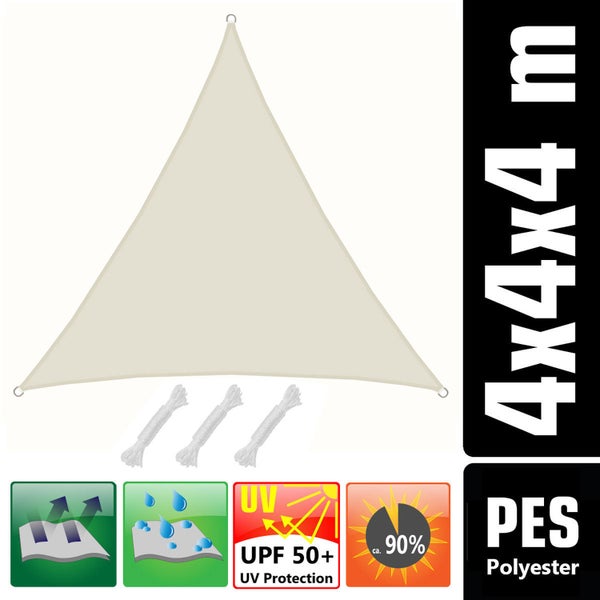 Dreieckiges Sonnensegel aus Polyester, 4 mal 4 mal 4 Meter, inklusive Seilen, UV-Schutz 50 Plus, winddurchlässig und wasserabweisend.