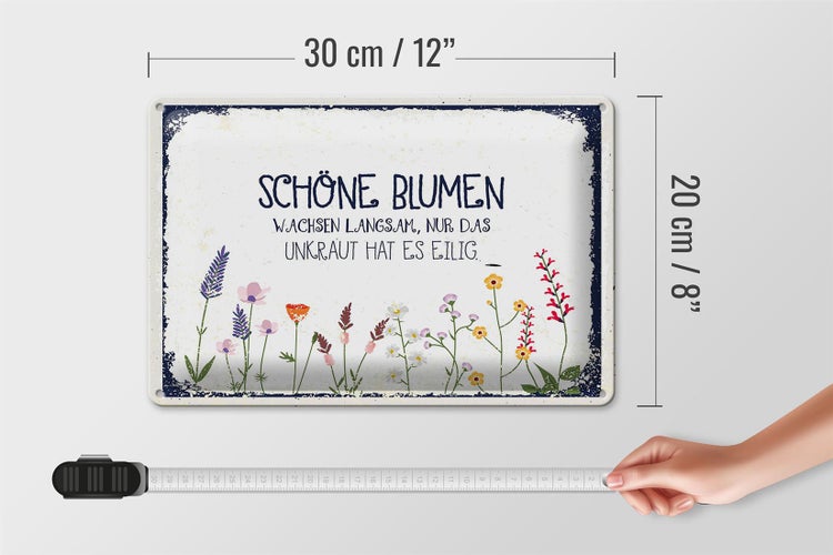 Blechschild Spruch schöne Blumen wachsen langsam 30x20cm