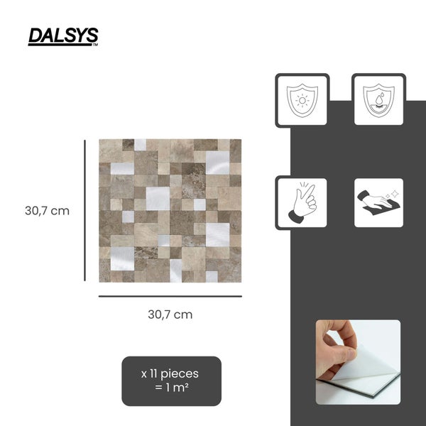 Dalsys Logo, selbstklebende Mosaikfliese, 30,7 mal 30,7 Zentimeter, 11 Stück für 1 Quadratmeter, UV- und feuchtigkeitsbeständig, pflegeleicht.
