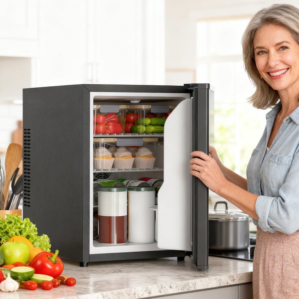 Eine Frau öffnet einen organisierten Minikühlschrank auf einer hellen Küchenarbeitsplatte, gefüllt mit Gemüse, Gebäck und Getränken.