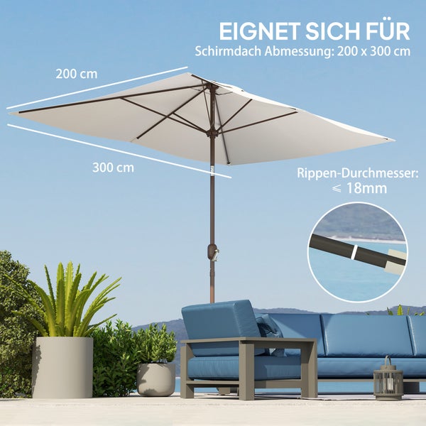 Rechteckiger Sonnenschirm mit den Maßen 200 mal 300 Zentimeter und einem Rippendurchmesser von maximal 18 Millimeter auf einer Terrasse.