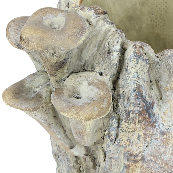 Detailaufnahme eines Blumentopfes mit Pilzdesign