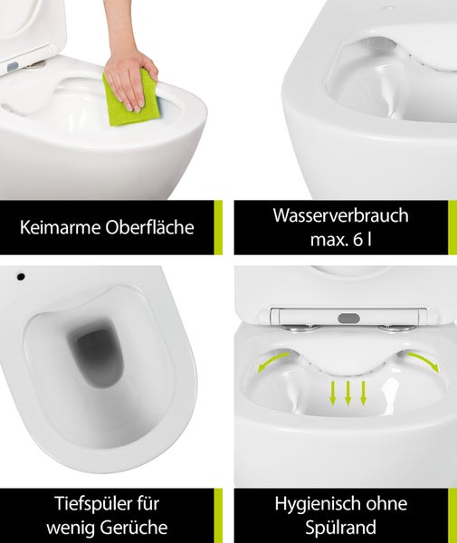 aquaSu® Spülrandloses Wand WC Set Levanto, Design Hänge WC, Tiefspüler, Keramik, Abgang waagerecht, Slimline WC-Sitz mit Absenkautomatik, Duroplast Toilettendeckel, Weiß, 045520