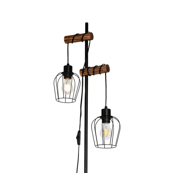 Ländliche Stehlampe schwarz mit Holz 2-flammig - Stronk