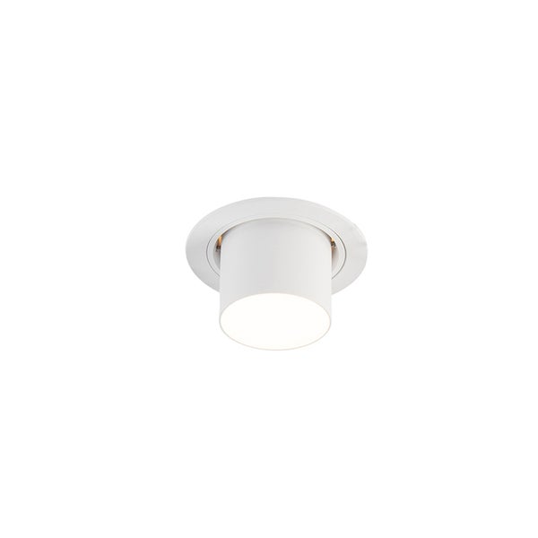 Weißer, zylindrischer LED Einbaustrahler mit rundem Gehäuse für die Deckenmontage.