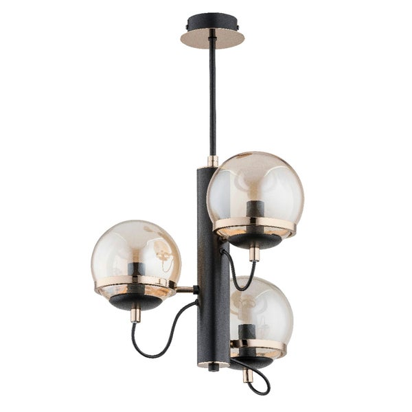 Moderne Pendelleuchte mit drei Glaskugeln und Metallstruktur