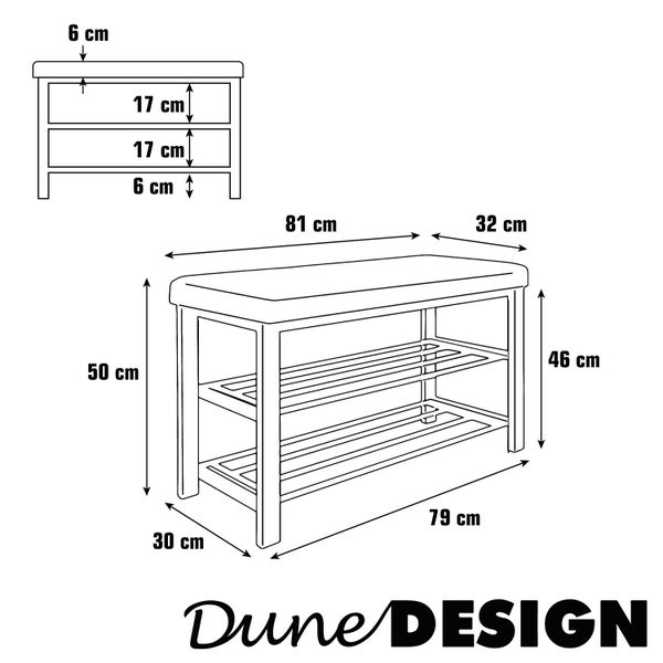 Maßzeichnung einer Schuhbank von DuneDESIGN mit Abmessungen: Breite 81 Zentimeter, Tiefe 32 Zentimeter, Höhe 50 Zentimeter. DuneDESIGN Logo.