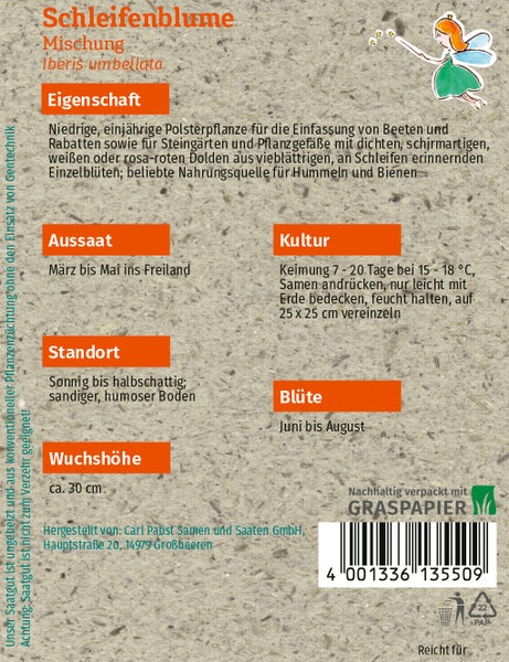 Rückseite einer Saatgutverpackung für Schleifenblume Iberis umbellata mit Informationen zu Aussaat, Standort und Pflege auf nachhaltigem Graspapier.