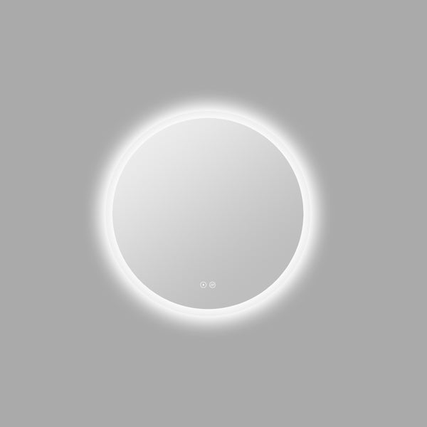 Runder Badezimmerspiegel mit LED Beleuchtung und integrierter Spiegelheizung zur Vermeidung von Beschlag.