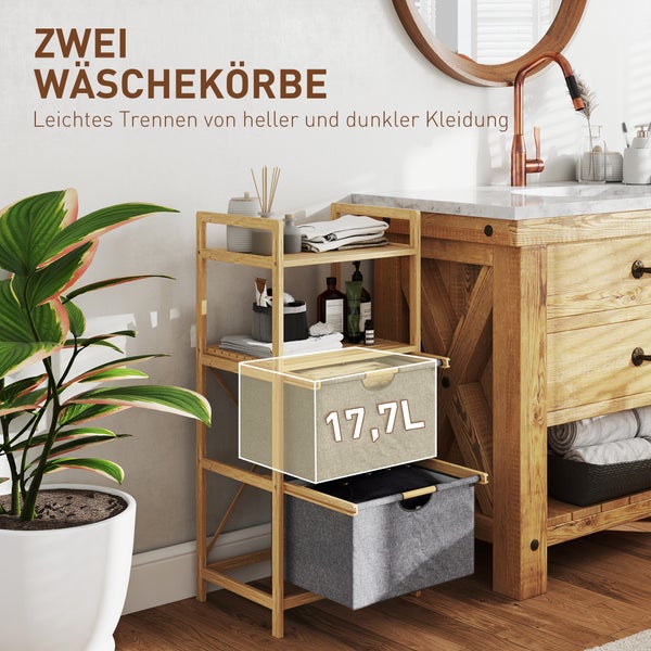 HOMCOM Wäschekorb 35,4 L Wäschesammler mit 2 Wäschekörben aus Stoff, offene Ablagen, Wäschebox mit Griff, für Badezimmer, Bambus, Natur